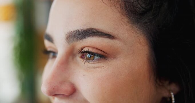 Face, woman and smile in home with thinking on break, relax and enjoy day off for self care. Closeup, female person and happy with good memories for mindfulness, wellness and wellbeing to chill