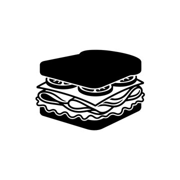 A vector illustration of a pair of hats in white and black isolated on a white background near a cartoon fast food meal featuring a beef burger sandwich with meat and cheese