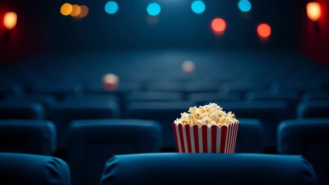 Striped red and white popcorn box overflowing on a dark blue cinema seat, waiting in an empty theater with soft bokeh lights popcorn ready for a cozy movie night