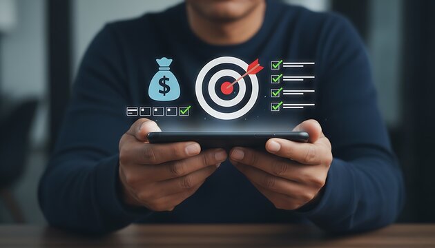 Person using smartphone for financial goals and target marketing tracking