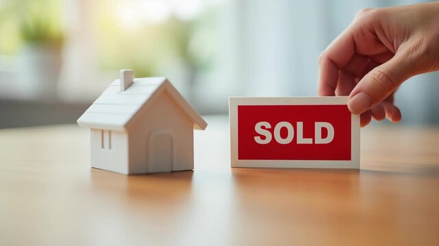 Female hand is placing a red "Sold" sign next to a small white house model on a polished wooden surface, symbolizing the successful completion of a real estate property sale.
