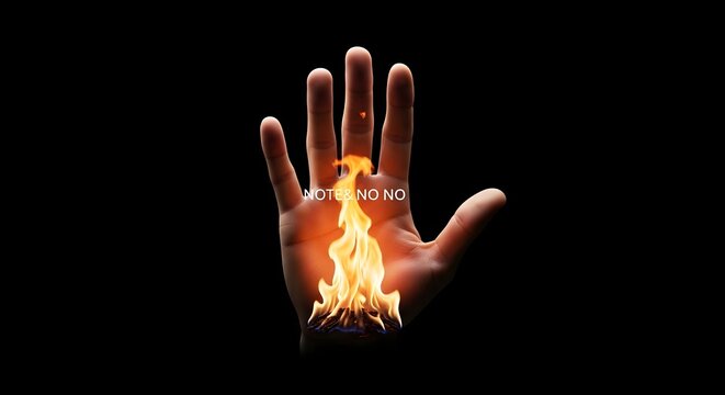 Hand on Fire with "NOTE & NO NO" Text - Symbolic Warning and Danger Concept