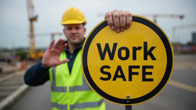 A construction worker holding a work safe sign, promoting safety. 
