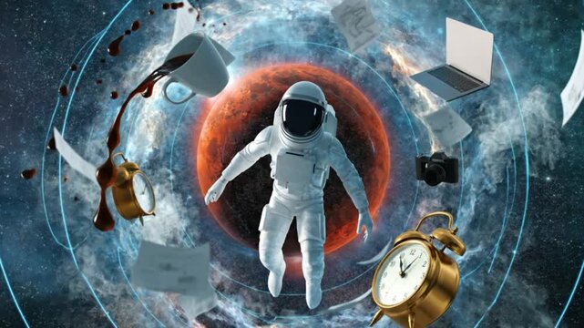 Astronaut floats through space with orbiting  brand`s potential papers and clock around 