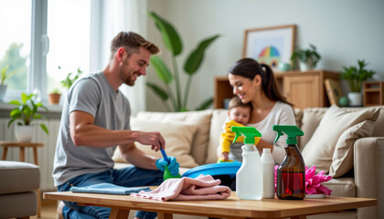 Fototapeta premium Sustainable family cleaning day at home using eco-friendly products for a greener future
