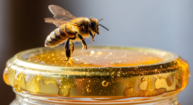 A bee standing on the rim of a honey jar with golden honey oozing out with insect and beekeeping