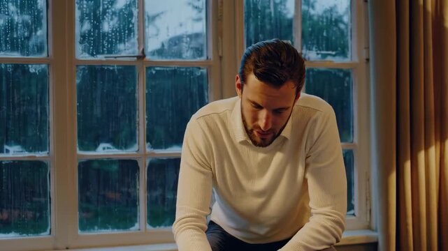 Jesus Christ supports a therapy session as a client chooses honesty and records a practical next step. Rainy window ambience and intimate close-ups create strong mental wellbeing footage.