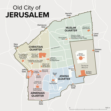 Old City of Jerusalem, political map. Walled area in East Jerusalem, divided into four uneven quarters, the Armenian, Christian, Jewish, and Muslim Quarter, with a fifth area, the Temple Mount. Vector