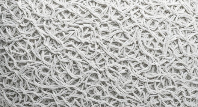 Detailed close-up view of a white intertwined fibrous texture forming a complex organic pattern