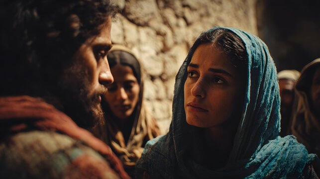 Martha and Mary approaching Lazarus in disbelief and awe as Christ stands nearby, village edge near the burial place with emotional reunion unfolding, soft radiant lighting emphasizing connection and 