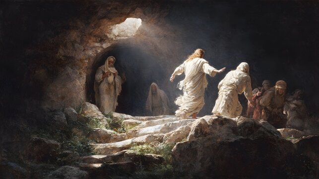 Lazarus stepping forward in response to Christ&rsquo;s call with subtle motion of revival, rocky tomb entrance surrounded by early morning stillness and silent observers, soft beams of light illuminating th