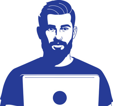 A blue and white illustration of a man with a beard using a laptop computer
