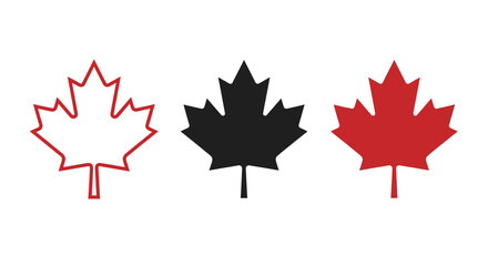 Fototapeta premium Professional collection of maple leaf icons in red outline, solid black, and solid red styles isolated on white background for Canadian national and nature concepts.