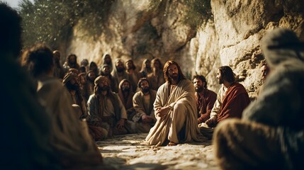 Obraz premium Christ teaching a gathered crowd after raising Lazarus, open space near the burial site with attentive listeners, natural directional light illuminating Christ as focal point, medium shot with a 50mm 