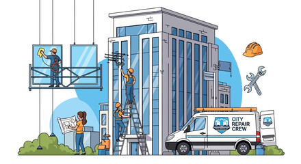 Commercial Building Window Cleaning and Repair Crew with Van and Equipment © Sarwanto1122