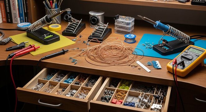 A detailed electronics repair or DIY hobbyist workspace featuring soldering irons, a multimeter, spools of copper wire, and drawers organized with various electronic components.