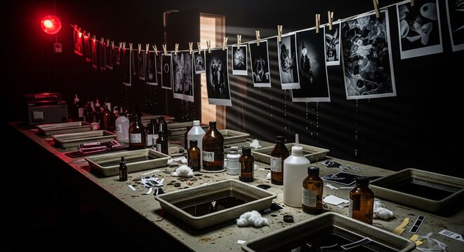 A classic analog darkroom illuminated by a red safelight, featuring chemical developing trays and black-and-white film prints hanging on a drying line.