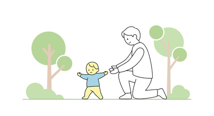 Naklejka premium Father watching baby's first steps in park, illustration, childhood, learning to walk