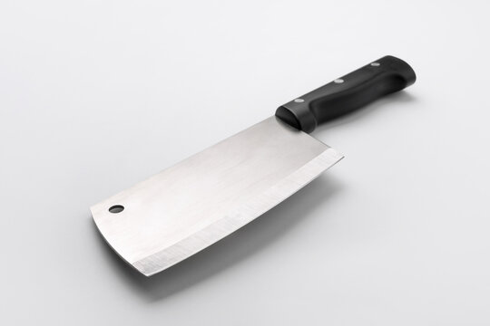 High-quality stainless steel meat cleaver with black handle, isolated on white background. Perfect for kitchen, cooking, or culinary themes.