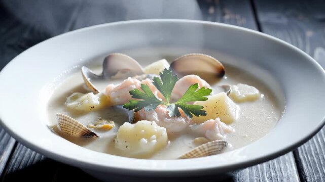 Delicious Seafood Chowder With Shrimp and Clams in White Bowl, Close-Up