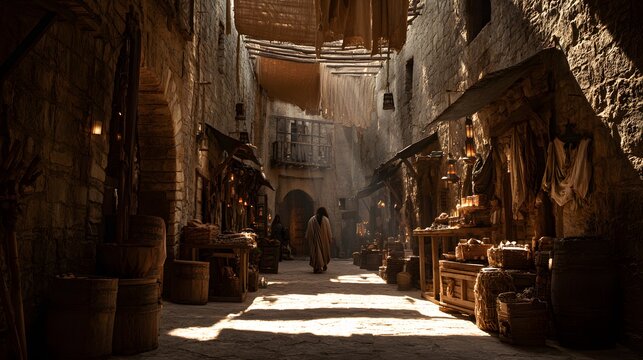 Christ declaring with authority within a bustling marketplace setting frozen in stillness, structured environment of stalls and pathways, dramatic directional lighting carving strong shadows across ar