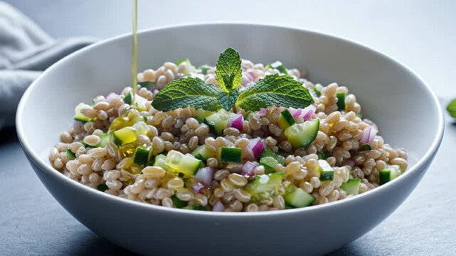 Healthy Grain Salad With Cucumber, Red Onion, and Mint Being Drizzled With Olive Oil