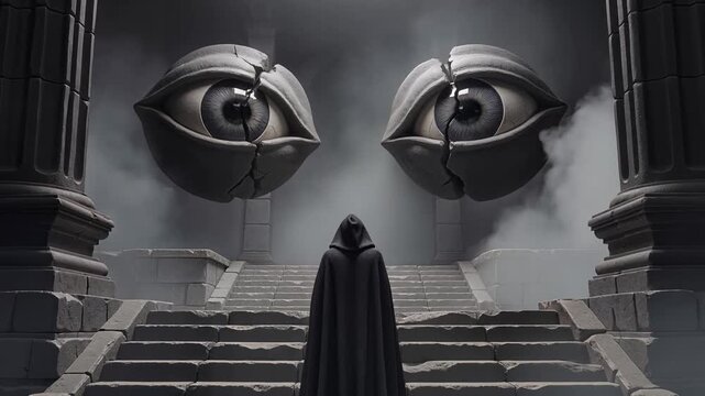 A mysterious figure in a black cloak stands before ancient stone steps leading to giant watching eyes.