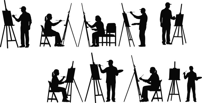 WebArtist painting on easel silhouette set isolated on white background, people drawing and sketching, creative art workshop vector illustration collection