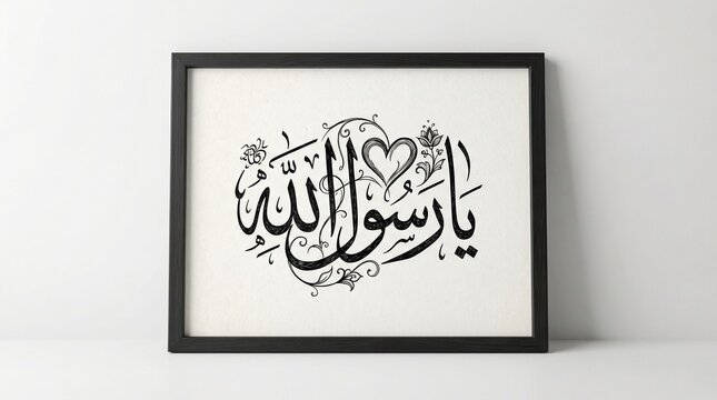 Framed Arabic calligraphy in black ink with decorative flourishes and heart motif, text reading &ldquo;يا رسول الله&rdquo; on plain white background, expressive devotional design.