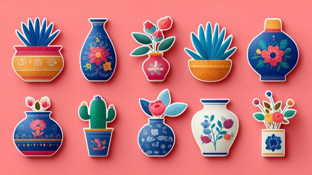 Colorful floral vases featuring vibrant designs and shades on a pink background.