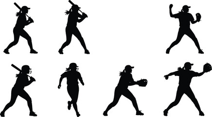 Fototapeta premium Softball player silhouette set isolated on white background, female baseball athlete batting pitching and running, sports vector illustration collection