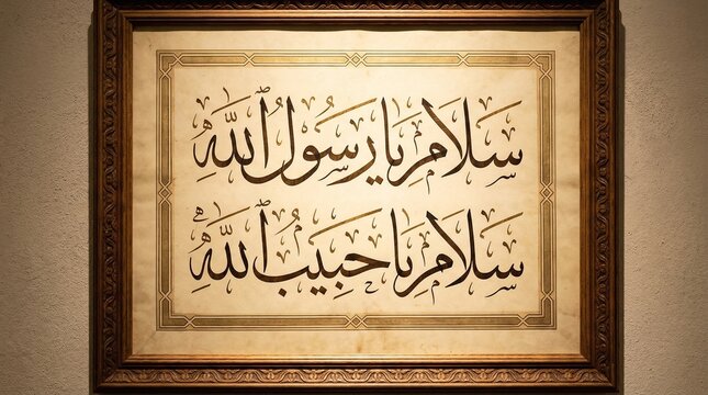 Framed Arabic calligraphy with black ink, blue and gold diacritical marks, ornate interior setting on patterned tablecloth, devotional and artistic composition.