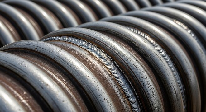 A row of heavy-duty metal pipes with visible weld seams, showing a rhythmic pattern and industrial manufacturing detail.