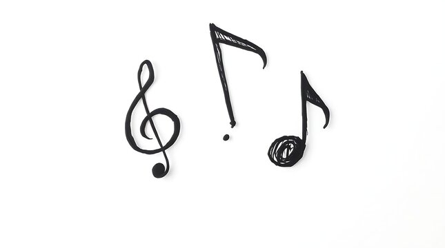 Hand drawn musical notes treble clef and eighth note against white background