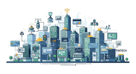 Obraz premium Smart City Fintech Network: Digital Technology and Financial Services Integration