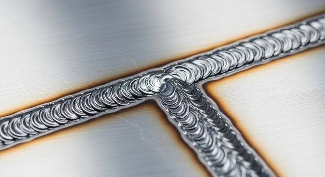 High-quality TIG weld joint on a metal T-connection, showing professional "stack of dimes" technique with clean heat-affected zones.