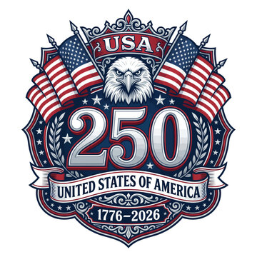 USA 250 Anniversary Patriotic Badge with Eagle and Flags 1776&ndash;2026 United States Emblem