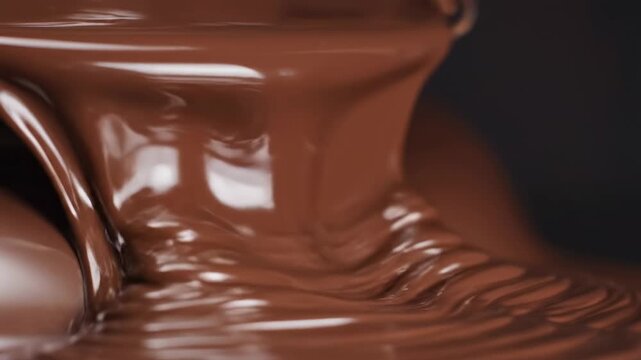 Viscous liquid chocolate flowing and creating ripples in slow motion