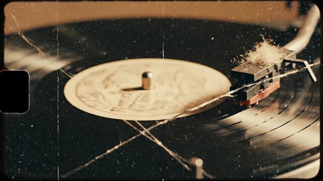 Vintage vinyl record player spinning with dust and scratches, nostalgic audio