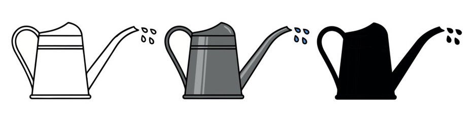 Watering can icons in three styles: linear, flat color, and black silhouette. Ideal for gardening, houseplant care, and irrigation concept designs. © Lili