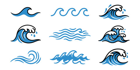 Hand-drawn set of blue sea wave icons and symbols. Minimalist illustrations of ocean surf, water ripples, and curling waves for design. © Lili
