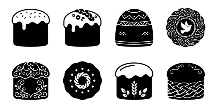 Collection of minimalist black silhouette icons of traditional Easter bread and festive cakes with diverse ornamental designs and icing.