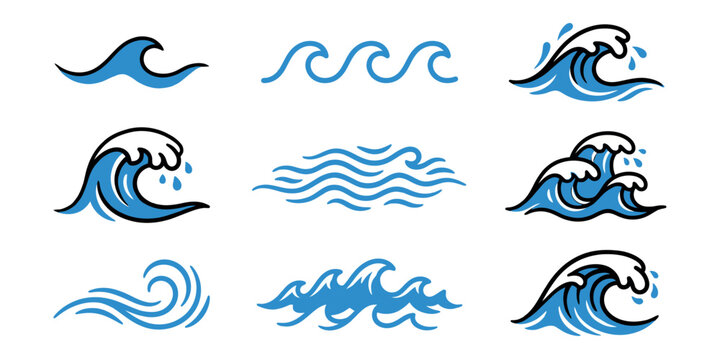 Hand-drawn set of blue sea wave icons and symbols. Minimalist illustrations of ocean surf, water ripples, and curling waves for design.