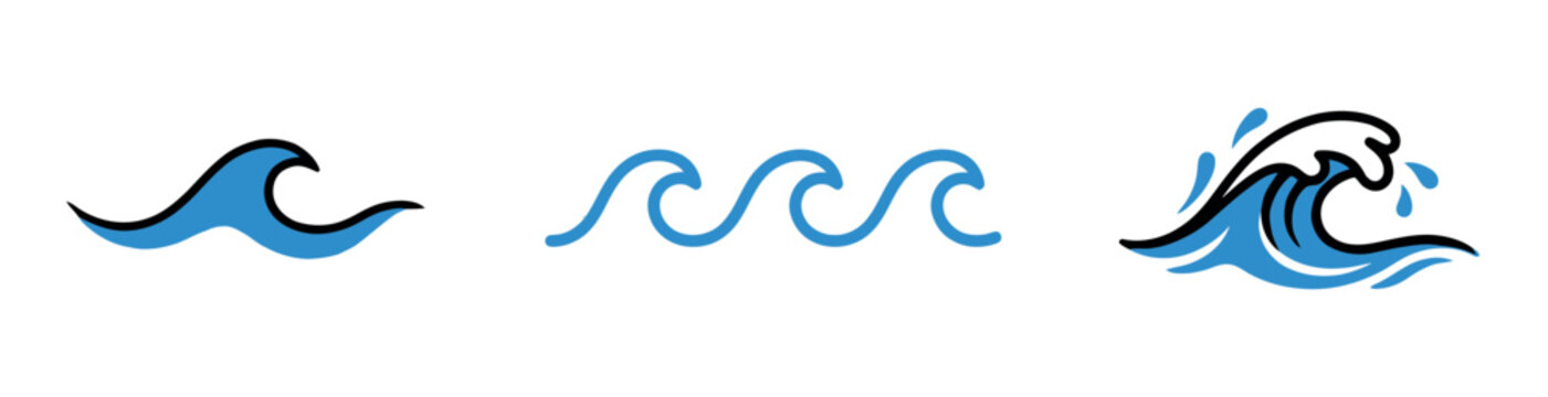 Set of three stylized blue and black ocean wave icons on a white background, representing calm ripples to a crashing surf.
