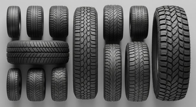 A flat lay composition showing various types of car tires with different tread patterns on a gray background.