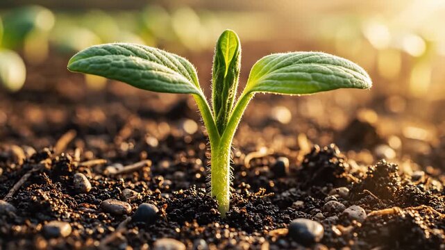 Close-up of a young seedling emerging from rich soil at sunrise