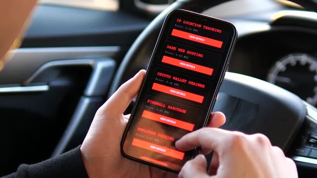 Browsing Illegal Hacker Marketplace on Smartphone in Car. Close-up of a person scrolling through a red dark web interface on a phone. Screen displays bank bypass, crypto drainer, and server breach