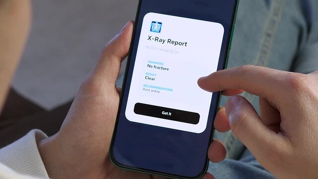 Person reviewing medical X-ray report on smartphone app. Close-up of a patient using a health portal to view radiology results. Clean interface with icons for blood tests, dental, and surgery. Ideal