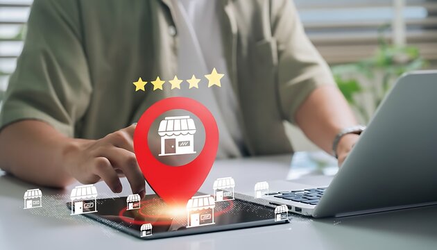 Man working on devices with a glowing map pin and storefront icons, representing local business and customer reviews