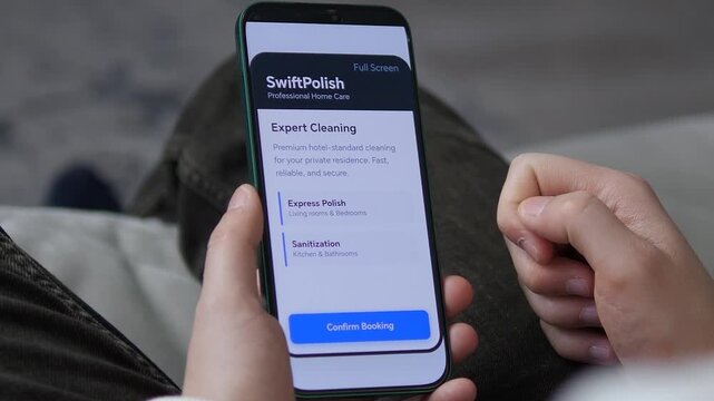 Booking professional home cleaning via mobile app. User selects premium house cleaning services on a smartphone. Close-up of a sleek app interface showing sanitization and express polish options. I